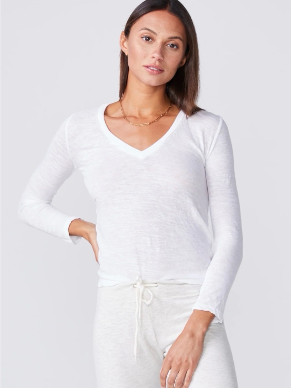 Monrow white Textured Tri-Blend Fitted Long Sleeve V Neck Tee